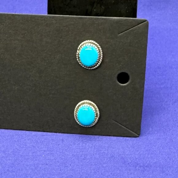 Sterling Silver & Turquoise Colored Cabochon Post Earrings - Picture 11 of 12